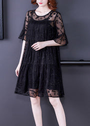 Fine Black O-Neck Embroidered Wrinkled Tulle Dress Two Pieces Set Summer