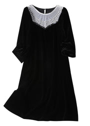 Fine Black O-Neck Lace Patchwork Velour Mid Dress Spring