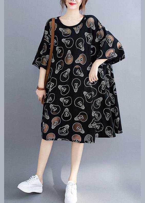 Fine Black O-Neck Loose Summer Jacquard Dresses Half Sleeve - SooLinen
