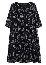 Fine Black O-Neck Loose Summer Jacquard Dresses Half Sleeve - SooLinen