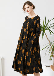 Fine Black O-Neck Oversized Print Cashmere Dresses Spring