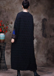 Feiner schwarzer O-Ausschnitt, übergroßer Druck, feine Baumwolle, gefüllte Maxikleider, Winterkleid
