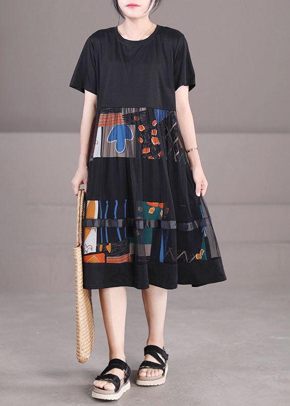 Feines schwarzes Tüll-Patchwork-Print-Partykleid mit kurzen Ärmeln aus Baumwolle mit O-Ausschnitt