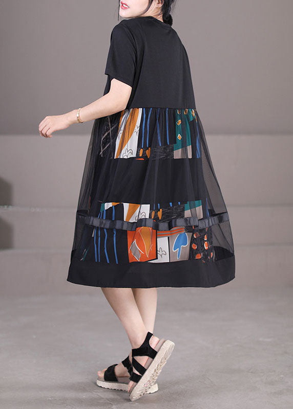 Feines schwarzes Tüll-Patchwork-Print-Partykleid mit kurzen Ärmeln aus Baumwolle mit O-Ausschnitt