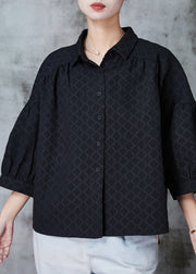 Fine Black Oversized Jacquard Silk Shirt Top Bracelet Sleeve