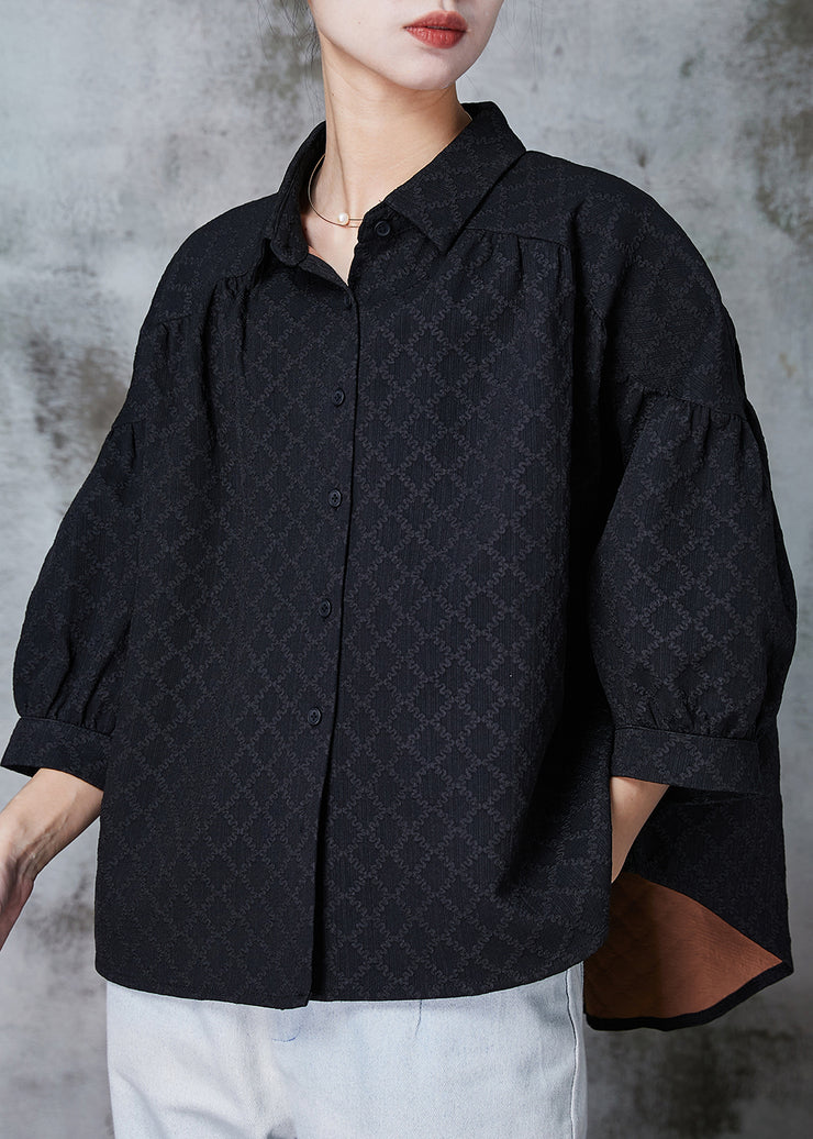 Fine Black Oversized Jacquard Silk Shirt Top Bracelet Sleeve