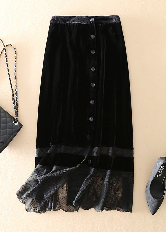 Fine Black Patchwork Button Silk Velour Skirts Spring