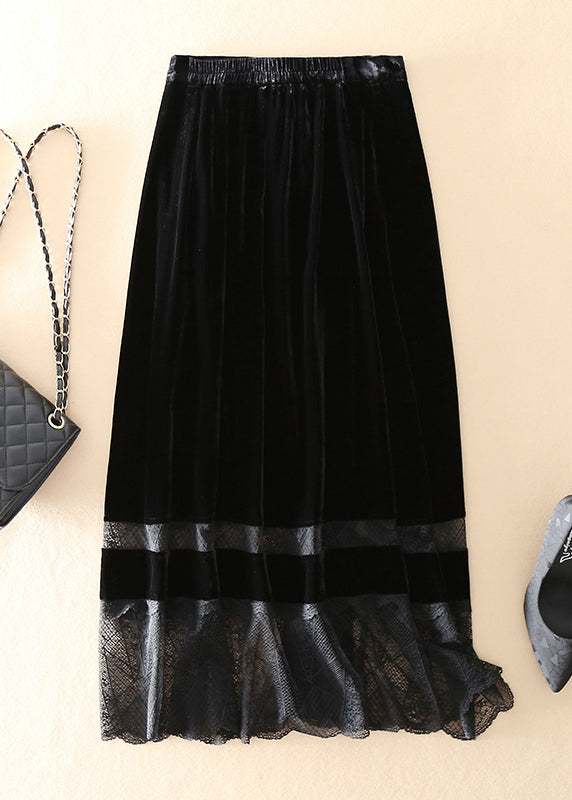 Fine Black Patchwork Button Silk Velour Skirts Spring