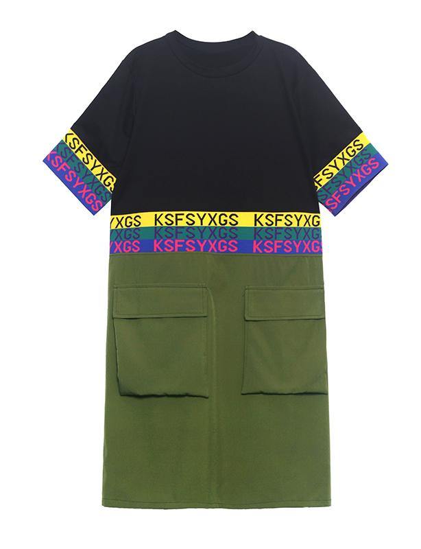 Fine Black Patchwork Green Pockets Holiday Summer Cotton Dress - SooLinen
