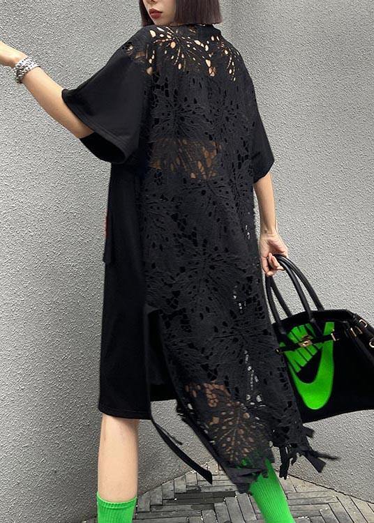 Fine Black Patchwork Lace Pockets Ankle Summer Cotton Dress - SooLinen