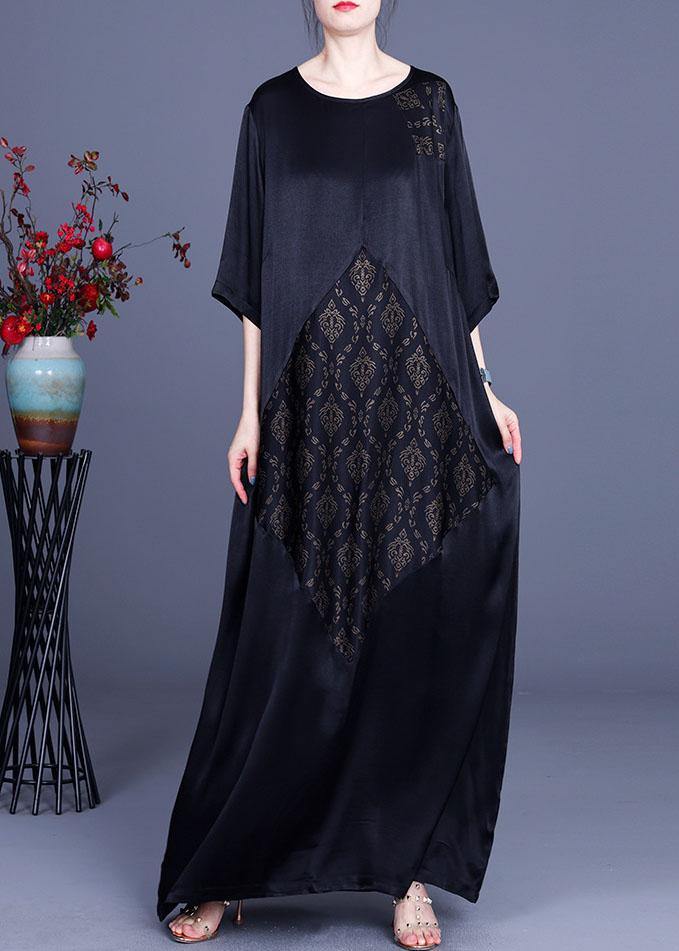 Fine Black Patchwork Print O-Neck Silk Summer Dresses - SooLinen