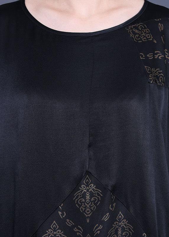 Fine Black Patchwork Print O-Neck Silk Summer Dresses - SooLinen
