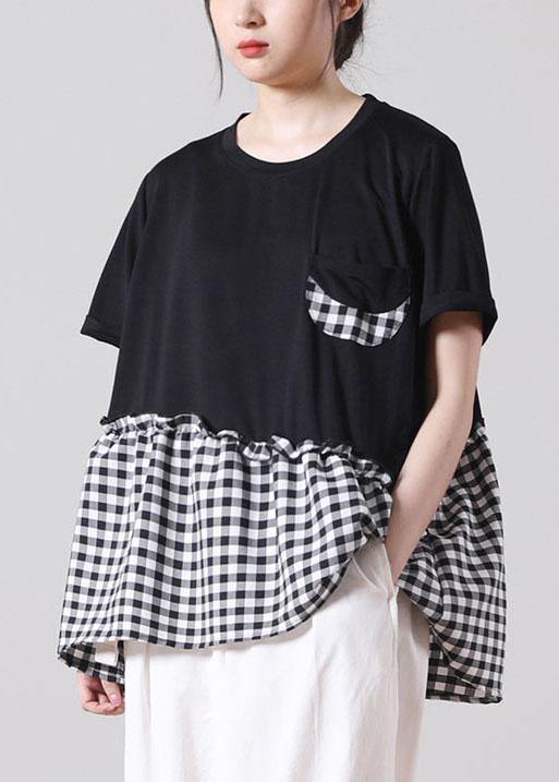 Fine Black Patchwork asymmetrical design Ruffled Cotton Short Sleeve Summer Shirt Top - SooLinen