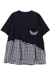 Fine Black Patchwork asymmetrical design Ruffled Cotton Short Sleeve Summer Shirt Top - SooLinen