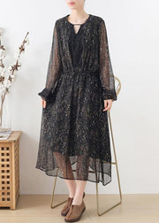 Fine Black Print Chiffon Tie Waist Summer Long Dresses - SooLinen