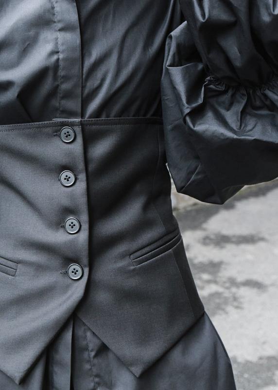 Fine Black Puff Sleeve Button Cotton Shirt - SooLinen