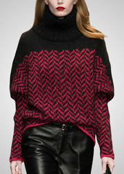 Fine Black Red High Neck Patchwork Print Warm Wool Sweaters Winter