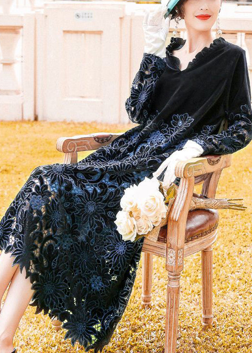 Fine Black Ruffled Embroidered Hollow Out Silk Velour Long Dress Spring