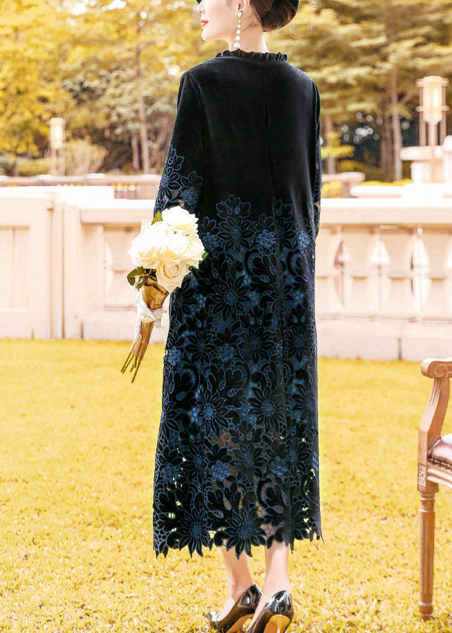 Fine Black Ruffled Embroidered Hollow Out Silk Velour Long Dress Spring