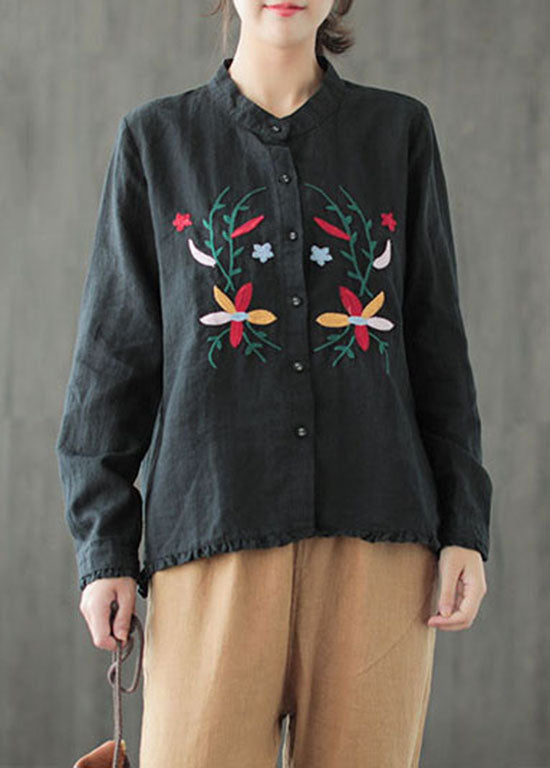 Fine Black Ruffled Embroidered Patchwork Cotton Shirt Tops Long Sleeve
