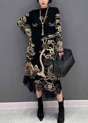 Fine Black Stand Collar Asymmetrical Lace Patchwork Print Cotton Dress Spring