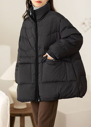 Fine Black Stand Collar Oversized Pockets Duck Down Down Coat Winter