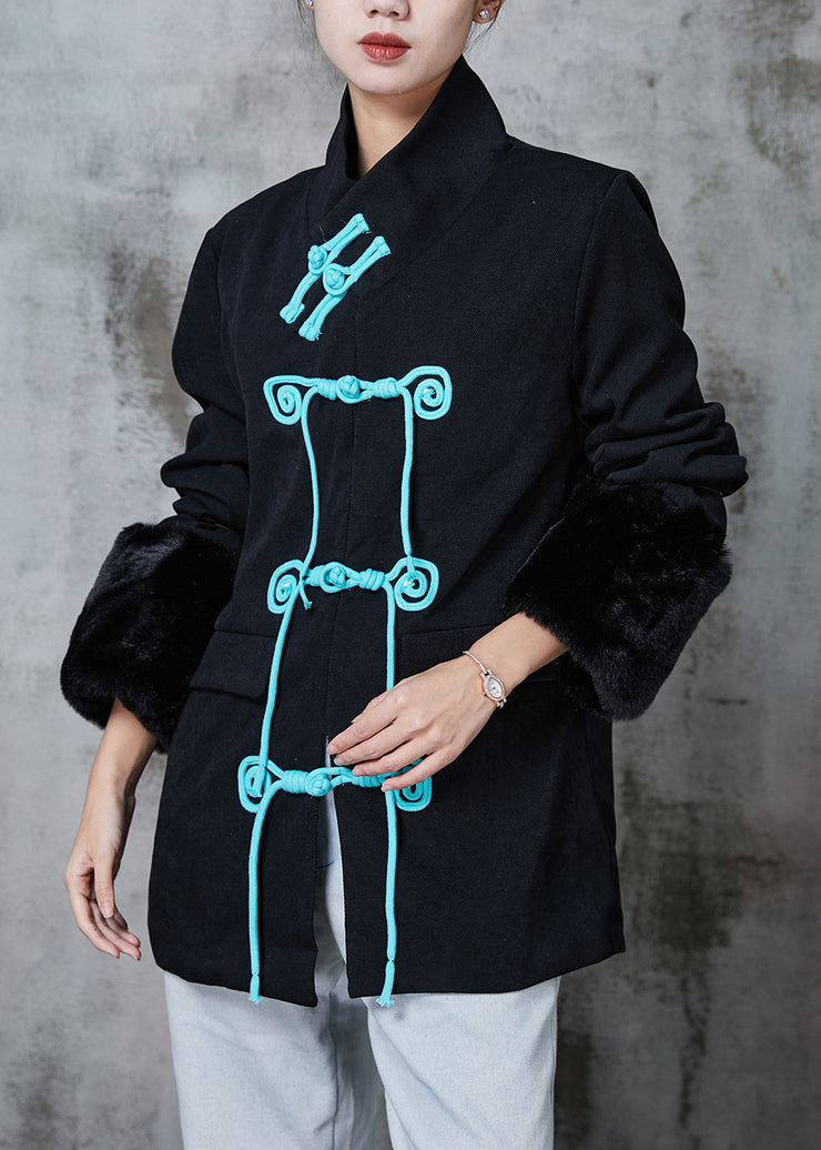 Fine Black Stand Collar Patchwork Chinese Button Cotton Coats Winter