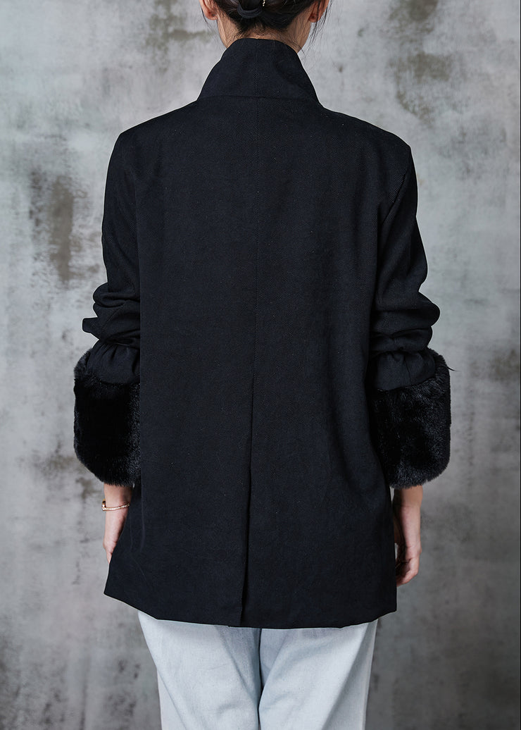 Fine Black Stand Collar Patchwork Chinese Button Cotton Coats Winter