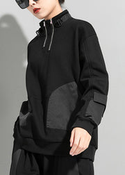 Fine Black Stand Collar Zip Up Pockets Patchwork Sweatshirt Long Sleeve