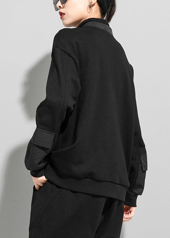Fine Black Stand Collar Zip Up Pockets Patchwork Sweatshirt Long Sleeve