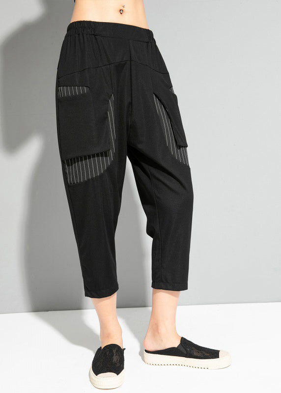 Fine Black Striped Patchwork Pockets Elastic Waist Crop Pants Summer