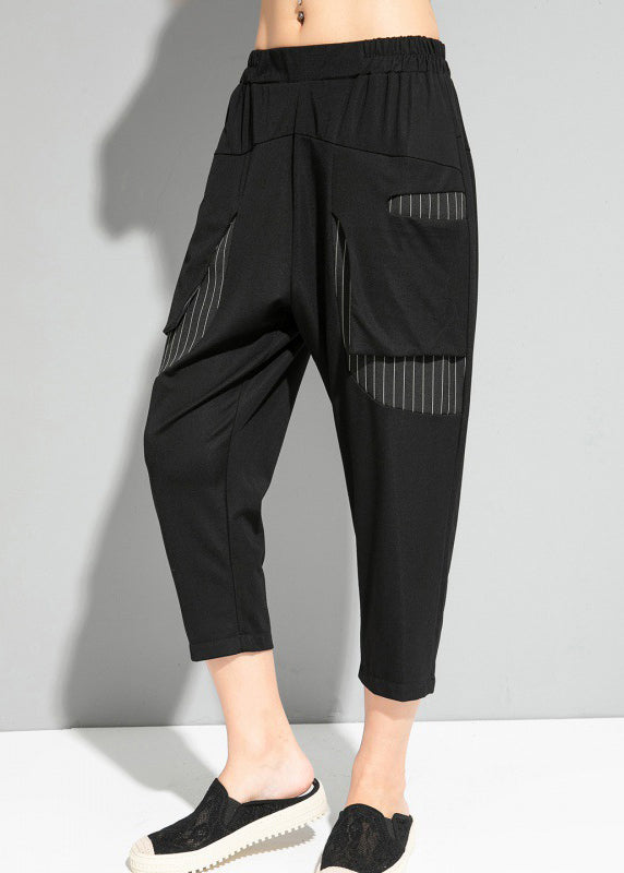 Fine Black Striped Patchwork Pockets Elastic Waist Crop Pants Summer