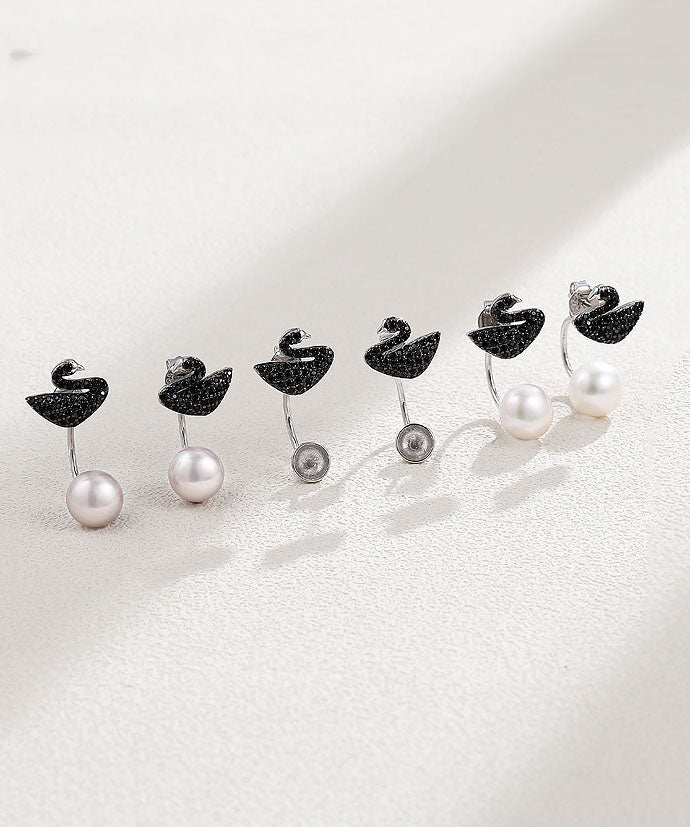 Fine Black Swan Zircon Pearl Stud Earrings