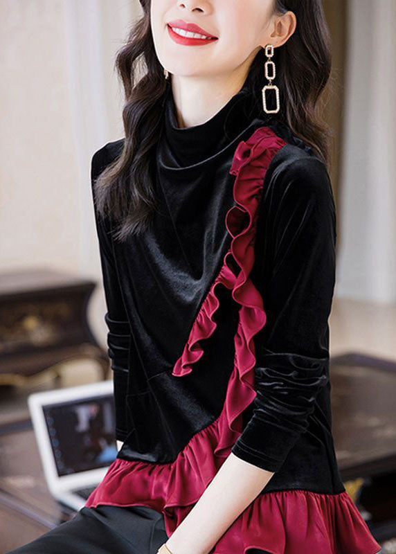 Fine Black Turtle Neck Asymmetrical Patchwork Ruffled Silk Velour Shirt Long Sleeve