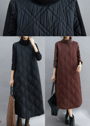 Fine Black Turtle Neck Patchwork Fine Cotton Filled Dresses Winter
