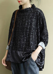 Fine Black Turtleneck Patchwork Low High Design Cotton Tops Long Sleeve