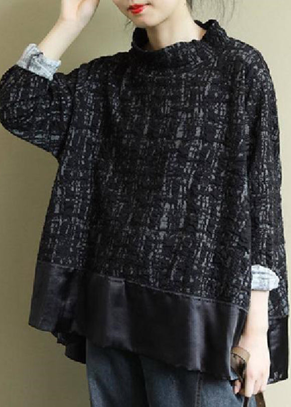 Fine Black Turtleneck Patchwork Low High Design Cotton Tops Long Sleeve