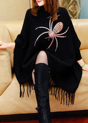 Fine Black Turtleneck Tassel Long Knit Sweater Dress Winter