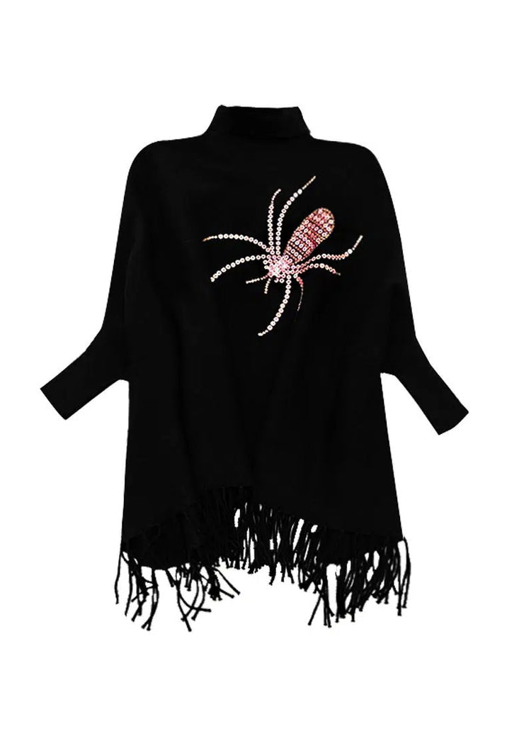 Fine Black Turtleneck Tassel Long Knit Sweater Dress Winter