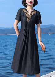 Fine Black V-Neck Wrinkled Patchwork Embroidered Silk Dress Summer