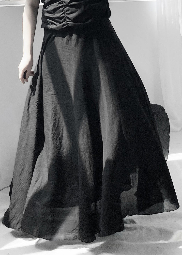 Fine Black Wrinkled Elastic Waist Maxi Skirts
