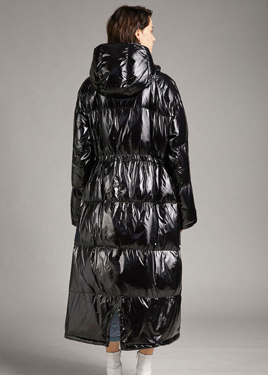 Feine schwarze, schmal geschnittene Winter-Entendaunenmäntel mit Reißverschluss an der Taille