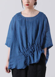 Fine Blue Embroideried Cotton Linen Blouses Summer - SooLinen