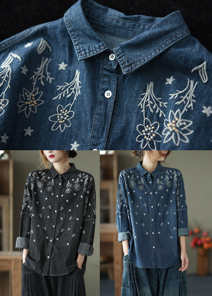 Fine Blue Embroidered Patchwork Cotton Denim Shirt Spring