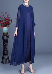 Fine Blue Embroidery long Maxi Summer Spring Chiffon Dress - SooLinen