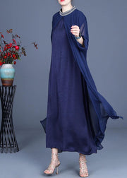 Fine Blue Embroidery long Maxi Summer Spring Chiffon Dress - SooLinen