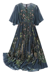 Fine Blue Grey O Neck Print Wrinkled Silk Long Dresses Summer