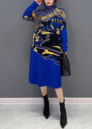 Fine Blue Hign Neck Print Knit Long Dresses Winter