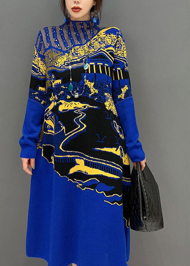 Fine Blue Hign Neck Print Knit Long Dresses Winter