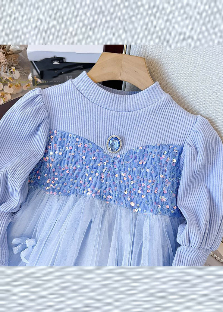 Fine Blue Knit Patchwork Sequins Diamond Tulle Girls Long Dress Fall